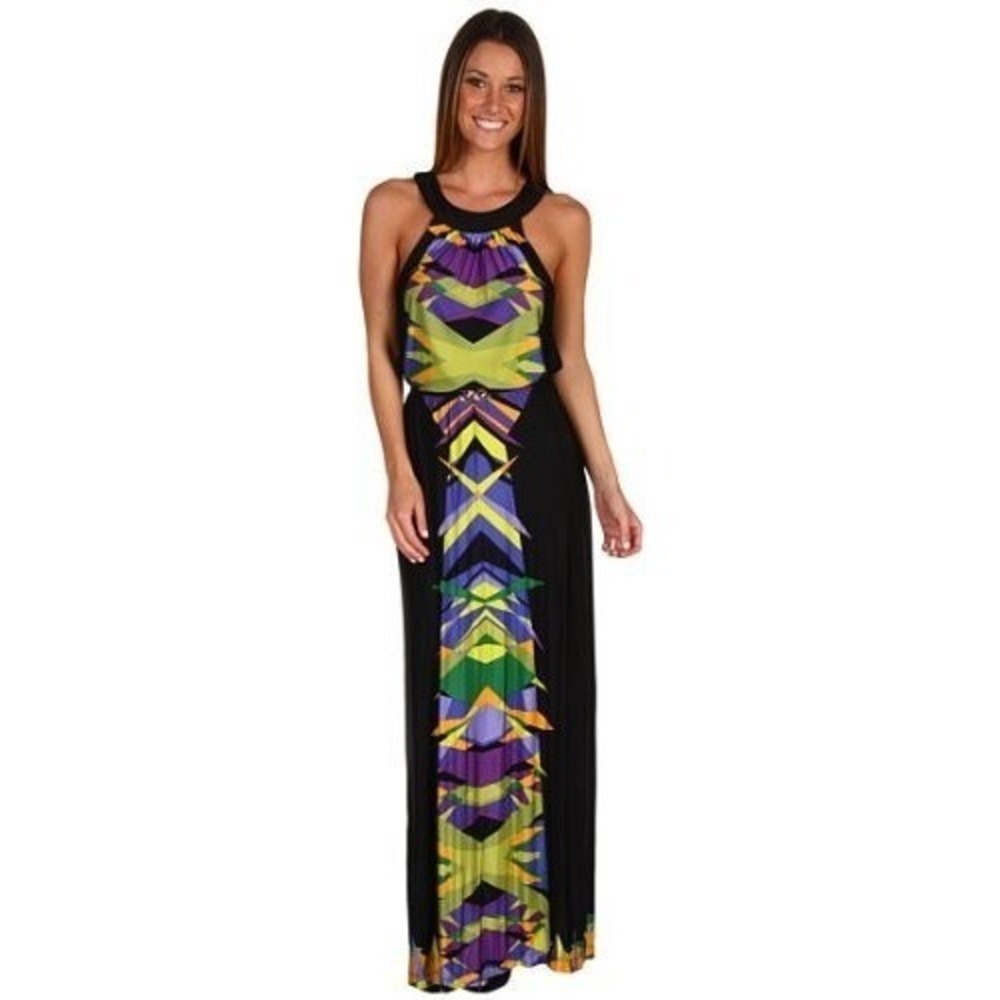 BCBGMAXAZRIA BRIGHT CHAMBRAY COMBO GEOMETRIC JERSEY GOWN SIZE XS